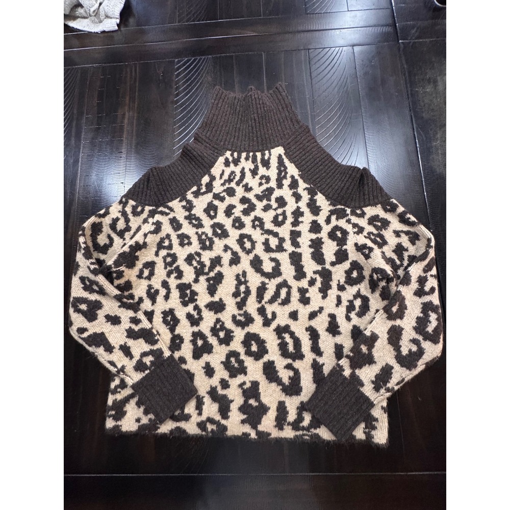 Venus Leopard Print Cold Shoulder Turtleneck Sweater Brown Tan XS